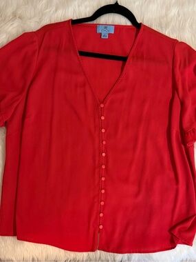 CeCe Red V-Neck Button-Front Blouse 1X